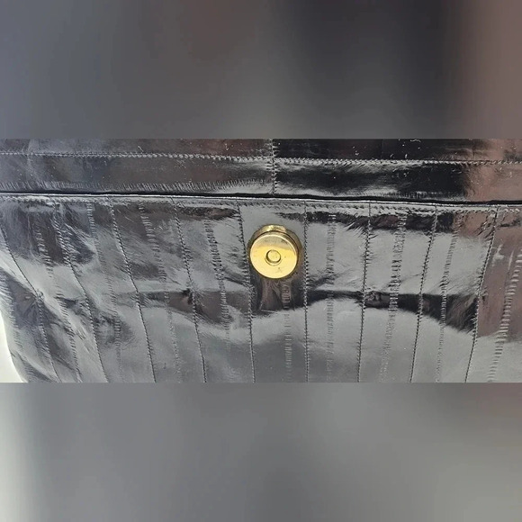 Vintage Eel Skin Black Elegant Exotic Envelope Clutch Crossbody Gold Hardware - Picture 9 of 16